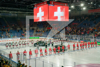2021-11-13 - 13.11.2021, Krefeld,  Yayla Arena, Deutschland Cup: Germany - Switzerland, time for the Swiss anthem - DEUTSCHLAND CUP: GERMANY VS SWITZERLAND - ICE HOCKEY - WINTER SPORTS