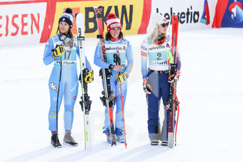 2021-12-12 - 12.12.2021, St. Moritz, St. Moritz, FIS Ski World Cup Women: St. Moritz, Federica Brignone (Italy, middel first place), Elena Curtoni (Italy, left second place) and Mikaela Shiffrin (USA, right third place) - 2021 FIS SKI WORLD CUP WOMEN - ALPINE SKIING - WINTER SPORTS
