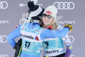 2021-12-12 - 12.12.2021, St. Moritz, St. Moritz, FIS Ski World Cup Women: St. Moritz, Elena Curtoni (Italy)Elena Curtoni (Italy, left second place) with  Mikaela Shiffrin (USA, right third place) - 2021 FIS SKI WORLD CUP WOMEN - ALPINE SKIING - WINTER SPORTS