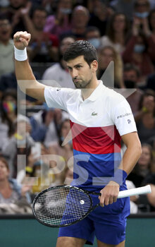 2021-11-01 - Novak Djokovic of Serbia celebrates the victory during his double match with Filip Krajinovic of Serbia (not pictured) on day 1 of the Rolex Paris Masters 2021, an ATP Masters 1000 tennis tournament on November 1, 2021 at Accor Arena in Paris, France - ROLEX PARIS MASTERS 2021, AN ATP MASTERS 1000 TENNIS TOURNAMENT - INTERNATIONALS - TENNIS