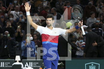 2021-11-01 - Novak Djokovic of Serbia celebrates the victory during his double match with Filip Krajinovic of Serbia (not pictured) on day 1 of the Rolex Paris Masters 2021, an ATP Masters 1000 tennis tournament on November 1, 2021 at Accor Arena in Paris, France - ROLEX PARIS MASTERS 2021, AN ATP MASTERS 1000 TENNIS TOURNAMENT - INTERNATIONALS - TENNIS