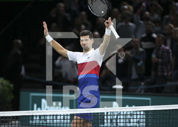 2021-11-02 - Novak Djokovic of Serbia celebrates his first round victory over Marton Fucsovics of Hungary during day 2 of the Rolex Paris Masters 2021, an ATP Masters 1000 tennis tournament on November 2, 2021 at Accor Arena in Paris, France - ROLEX PARIS MASTERS 2021, AN ATP MASTERS 1000 TENNIS TOURNAMENT - INTERNATIONALS - TENNIS