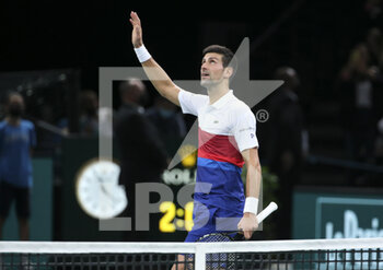 2021-11-02 - Novak Djokovic of Serbia celebrates his first round victory over Marton Fucsovics of Hungary during day 2 of the Rolex Paris Masters 2021, an ATP Masters 1000 tennis tournament on November 2, 2021 at Accor Arena in Paris, France - ROLEX PARIS MASTERS 2021, AN ATP MASTERS 1000 TENNIS TOURNAMENT - INTERNATIONALS - TENNIS