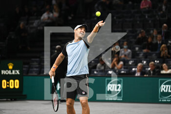 2021-11-03 - Dusan Lajovic of Serbia on serve during the Rolex Paris Masters 2021, ATP Masters 1000 tennis tournament, on November 3, 2021 at Accor Arena in Paris, France - ROLEX PARIS MASTERS 2021, ATP MASTERS 1000 TENNIS TOURNAMENT - INTERNATIONALS - TENNIS