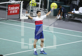 2021-11-07 - Novak Djokovic of Serbia celebrates winning the Rolex Paris Masters 2021 Final, an ATP Masters 1000 tennis tournament on November 7, 2021 at Accor Arena in Paris, France - ROLEX PARIS MASTERS 2021 FINAL, AN ATP MASTERS 1000 TENNIS TOURNAMENT - INTERNATIONALS - TENNIS