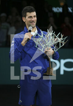 2021-11-07 - Novak Djokovic of Serbia celebrates winning the Rolex Paris Masters 2021 Final during the trophy ceremony, an ATP Masters 1000 tennis tournament on November 7, 2021 at Accor Arena in Paris, France - ROLEX PARIS MASTERS 2021 FINAL, AN ATP MASTERS 1000 TENNIS TOURNAMENT - INTERNATIONALS - TENNIS