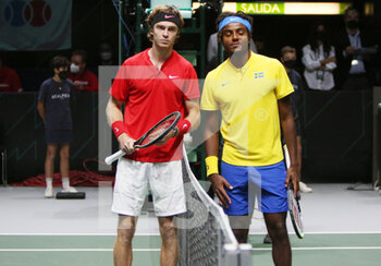 2021-12-02 - Andrey Rublev of Russia and Elias Ymer of Sweden during the Davis Cup 2021, Quarter Final, tennis match between Russia and Sweden on December 2, 2021 at Madrid Arena in Madrid, Spain - DAVIS CUP 2021, QUARTER FINAL, RUSSIA VS SWEDEN - INTERNATIONALS - TENNIS