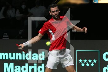 2021-12-03 - Marin Cilic of Croatia during the semi-finals of the Davis Cup 2021, tennis match between Serbia and Croatia on December3, 2021 at Madrid Arena in Madrid, Spain - SEMIFINALS OF THE DAVIS CUP 2021, SERBIA VS CROATIA - INTERNATIONALS - TENNIS