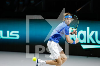 2021-12-05 - Andrey Rublev of Russia during the final of the Davis Cup 2021, tennis match between Russia and Croatia on December 5, 2021 at Madrid Arena in Madrid, Spain - FINAL OF THE DAVIS CUP 2021 - RUSSIA VS CROATIA - INTERNATIONALS - TENNIS