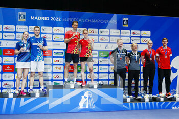 2022-04-30 - Podium Final Mixed Doubles, Thom Gicquel and Delphine Delrue from France Silver medal, Isabel Lohau and Mark Lamsfuss from Germany Gold medal, Robin Tabeling and Selena Piek from Netherlands, Mikkel Mikkelsen and Rikke Soby from Denmark Bronze medal during the European Badminton Championships 2022 on April 30, 2022 at Gallur Sports Center in Madrid, Spain - EUROPEAN BADMINTON CHAMPIONSHIPS 2022 - BADMINTON - OTHER SPORTS