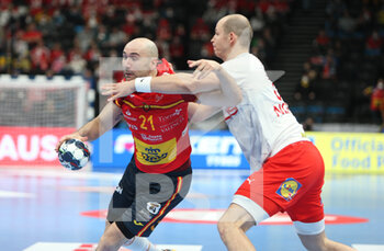 2022-01-28 - Joan Canellas of Spain and Simon Hald of Denmark during the EHF Euro 2022, Semi Final Handball match between Spain and Denmark on January 28, 2022 at Budapest Multifunctional Arena in Budapest, Hungary - EHF EURO 2022, SEMI FINAL - SPAIN AND DENMARK - HANDBALL - OTHER SPORTS