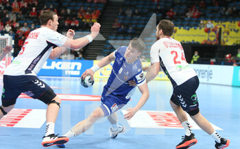 2022-01-28 - Elvar Orn Jonsson of Iceland and Sander Sagosen, Christian O'Sullivan of Norway during the EHF Euro 2022, Placement Match 5/6 Handball match between Iceland and Norway on January 28, 2022 at Budapest Multifunctional Arena in Budapest, Hungary - EHF EURO 2022, PLACEMENT MATCH 5/6 - ICELAND VS NORWAY - HANDBALL - OTHER SPORTS