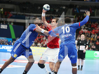 2022-01-30 - Rasmus Lauge of Denmark and Karl Konan, Dika Mem of France during the EHF Men's Euro 2022, Placement Match 3/4 handball match between France and Denmark on January 30, 2022 at Budapest Multifunctional Arena in Budapest, Hungary - EHF MEN'S EURO 2022, PLACEMENT MATCH 3/4 - FRANCE VS DENMARK - HANDBALL - OTHER SPORTS