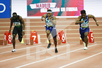 2022-03-02 - Sean Safo-Antwi of Ghana, Mike Rodgers of United States, Jeremiah Azu of Great Britain in action during the Men 60 m of the World Athletics Indoor Tour Madrid 2022 on March 2, 2022 at the Polideportivo Gallur in Madrid, Spain -Photo Oscar J Barroso / Spain DPPI / DPPI - WORLD ATHLETICS INDOOR TOUR MADRID 2022 - INTERNATIONALS - ATHLETICS