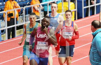 2022-03-18 - Marqueze Washington of USA, Lucas Carvalho of Brazil, Bosky Kijanovic of Serbia, Pavel Maslak of Czech Republic, Heats 400M Men during the World Athletics Indoor Championships 2022 on March 18, 2022 at Stark Arena in Belgrade, Serbia - WORLD ATHLETICS INDOOR CHAMPIONSHIPS 2022 - INTERNATIONALS - ATHLETICS