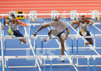 2022-03-20 - Pascal MARTINOT-LAGARDE of France, Grant HOLLOWAY of USA, Wilhem BELOCIAN of France, Final 60 M Hurdles Men during the World Athletics Indoor Championships 2022 on March 20, 2022 at Stark Arena in Belgrade, Serbia - WORLD ATHLETICS INDOOR CHAMPIONSHIPS 2022 - INTERNATIONALS - ATHLETICS