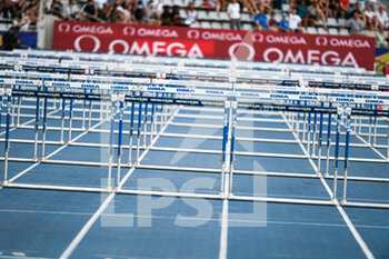 2022-06-18 - Illustration picture shows the hurdles (110m) on the track before the race during the Wanda Diamond League 2022, Meeting de Paris (athletics) on June 18, 2022 at Charlety stadium in Paris, France - ATHLETICS - DIAMOND LEAGUE 2022 - MEETING DE PARIS - INTERNATIONALS - ATHLETICS