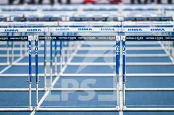 2022-06-18 - Illustration picture shows the hurdles (110m) on the track before the race during the Wanda Diamond League 2022, Meeting de Paris (athletics) on June 18, 2022 at Charlety stadium in Paris, France - ATHLETICS - DIAMOND LEAGUE 2022 - MEETING DE PARIS - INTERNATIONALS - ATHLETICS