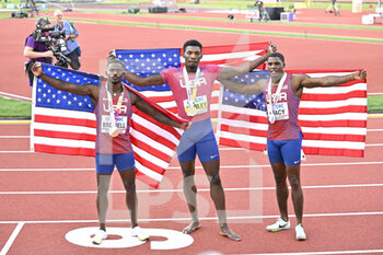 2022-07-16 - Trayron Bromell of USA Bronze medal, Fred Kerley of USA Gold medal, Marvin Bracy of USA Silver medal after the Men's 100 metres during the World Athletics Championships on July 16, 2022 in Eugene, United States - ATHLETICS - WORLD CHAMPIONSHIPS 2022 - INTERNATIONALS - ATHLETICS