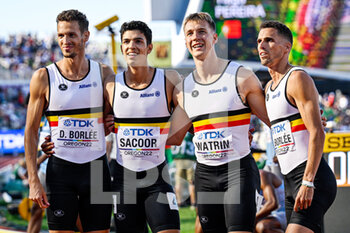 2022-07-23 - Dylan Borlee, Jonathan Sacoor, Julien Watrin, Kevin Borlee of Belgium competing on Men's 4x 400m relay during the World Athletics Championships on July 23, 2022 in Eugene, United States - ATHLETICS - WORLD CHAMPIONSHIPS 2022 - INTERNATIONALS - ATHLETICS
