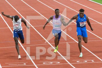 16/08/2022 - 16.8.2022, Munich, Olympiastadion, European Championships Munich 2022: Athletics, Reece Prescod (GBR) Ali Chituru (ITA) and Mouhamadou Fall (FRA) during the Mens 100m Semifinal - EUROPEAN CHAMPIONSHIPS MUNICH 2022: ATHLETICS - INTERNAZIONALI - ATLETICA