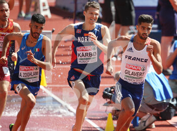 2022-08-17 - Louis Gilavert of France, Osama Zoghlami of Italy, Tom Erling Karbo of Norway during the Athletics, Men's 3000m Steeplechase at the European Championships Munich 2022 on August 16, 2022 in Munich, Germany - EUROPEAN CHAMPIONSHIPS MUNICH 2022 - INTERNATIONALS - ATHLETICS