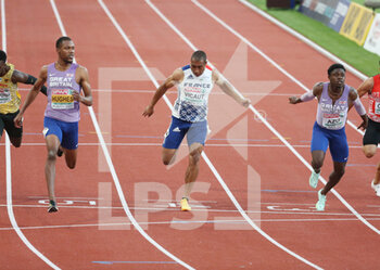 2022-08-17 - Zharnel Hughes of Great Britain, Jimmy Vicaut of France, Jeremiah Azu of Great Britain during the Athletics, Semi-final Men's 100m at the European Championships Munich 2022 on August 16, 2022 in Munich, Germany - EUROPEAN CHAMPIONSHIPS MUNICH 2022 - INTERNATIONALS - ATHLETICS