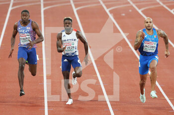 2022-08-17 - Ojie Edoburun of Great Britain, Mickael Zeze of France, Marcell Jacobs of Italy during the Athletics, Semi-final Men's 100m at the European Championships Munich 2022 on August 16, 2022 in Munich, Germany - EUROPEAN CHAMPIONSHIPS MUNICH 2022 - INTERNATIONALS - ATHLETICS