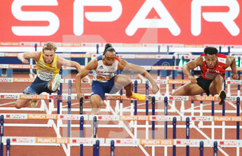 2022-08-17 - Joel Bengtsson of Sweden, Pascal Martinot-Lagarde of France and Jason Joseph of Switzerland during the Athletics, Semi-final Men's 110m Hurdles at the European Championships Munich 2022 on August 17, 2022 in Munich, Germany - EUROPEAN CHAMPIONSHIPS MUNICH 2022 - INTERNATIONALS - ATHLETICS