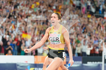 21/08/2022 - 21.8.2022, Munich, Olympiastadion, European Championships Munich 2022: Athletics, Rebekka Haase after crossing the finish line to win the womens 4x100m Relay Final for Germany. - EUROPEAN CHAMPIONSHIPS MUNICH 2022: ATHLETICS - INTERNAZIONALI - ATLETICA