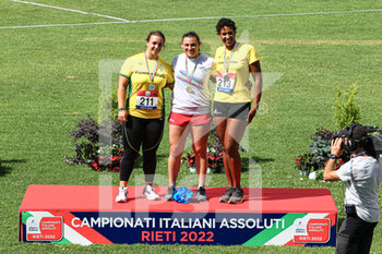 25/06/2022 - Podium Martello Femminile - sx-dx MORI Rachele(I) -  Sara Fantini (ITA) Carabinieri - PRINETTI ANZALAPAYA Lucia  (1) - ITALIAN ATHLETICS CHAMPIONSHIP 2022 (DAY1) - NAZIONALI - ATLETICA
