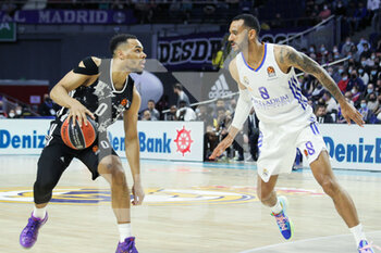 2022-03-17 - Elie Okobo of Asvel Lyon-Villeurbanne and Adam Hanga of Real Madrid during the Turkish Airlines Euroleague basketball match between Real Madrid and Asvel Lyon-Villeurbanne on march 17, 2022 at Wizink Center in Madrid, Spain - REAL MADRID AND VS LYON-VILLEURBANNE - EUROLEAGUE - BASKETBALL