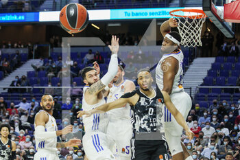 2022-03-17 - Vincent Poirier of Real Madrid, Elie Okobo of Asvel Lyon-Villeurbanne and Guerschon Yabusele of Real Madrid during the Turkish Airlines Euroleague basketball match between Real Madrid and Asvel Lyon-Villeurbanne on march 17, 2022 at Wizink Center in Madrid, Spain - REAL MADRID AND VS LYON-VILLEURBANNE - EUROLEAGUE - BASKETBALL