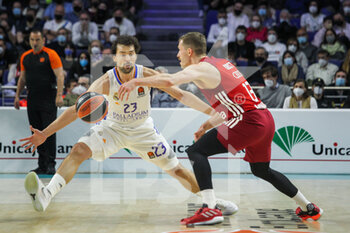 2022-04-08 - Andreas Obst of FC Bayern Munich and Sergio Llull Melia of Real Madrid during the Turkish Airlines Euroleague basketball match between Real Madrid and Bayern Munich on April 8, 2022 at Wizink Center in Madrid, Spain - REAL MADRID VS BAYERN MUNICH - EUROLEAGUE - BASKETBALL