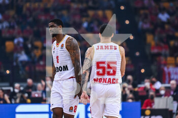 2022-04-22 - Mike James and Dwayne Bacon of AS Monaco Basket during the Turkish Airlines EuroLeague Quorter-Final basketball match between Olympiacos BC and AS Monaco Basket on Apr 22, 2022 at Peace and Friendship Stadium in Athens, Greece - OLYMPIACOS VS AS MONACO - EUROLEAGUE - BASKETBALL
