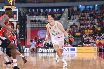 2022-04-22 - Léo Westermann of AS Monaco Basket in action against Moustapha Fall of Olympiacos BC during the Turkish Airlines EuroLeague Quorter-Final basketball match between Olympiacos BC and AS Monaco Basket on Apr 22, 2022 at Peace and Friendship Stadium in Athens, Greece - OLYMPIACOS VS AS MONACO - EUROLEAGUE - BASKETBALL