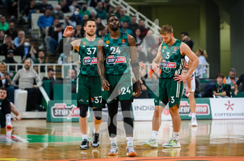 2022-11-11 - #24 DWAYNE BACON,
#37 MATEUSZ PONITKA and #3 NATE WOLTERS of Panathinaikos Athens during the Euroleague, Round 7, match between Panathinaikos Athens and Cazoo Baskonia at OAKA Stadium on November 11, 2022 in Athens, Greece. - PANATHINAIKOS VS BASKONIA - EUROLEAGUE - BASKETBALL