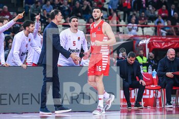 2022-12-13 - #16 KOSTAS PAPANIKOLAOU of Olympiacos Piraeus react during the Turkish Airlines Euroleague match between Olympiacos Piraeus and Fenerbahce Beko Istanbul at Peace and Friendship Stadium on December 13, 2022 in Piraeus, Greece - OLYMPIACOS PIRAEUS VS FENERBAHCE BEKO ISTANBUL - EUROLEAGUE - BASKETBALL