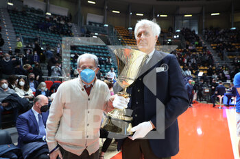2022-02-27 - Former prime minister Mr. Romano Prodi and former Virtus Bologna team champion Renato Villalta pose for photographers before the FIBA World Cup 2023 qualifiers game Italy Vs. Iceland at the Paladozza sports palace in Bologna, February 27, 2022 - Photo: Michele Nucci - FIBA WORLD CUP QUALIFIERS - ITALIA VS ISLANDA - INTERNATIONALS - BASKETBALL