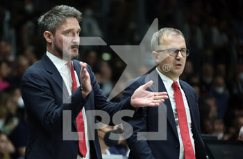 2022-06-08 - Gianmarco Pozzecco (assistant coach of Armani Exchange Milano)  (L) during game 1 of the finals of the championship playoffs Italian basketball series A1 Segafredo Virtus Bologna Vs. Armani Exchange Olimpia Milano at the Segafredo Arena - Bologna, June 8, 2022 - Photo: Michele Nucci - VIRTUS SEGAFREDO BOLOGNA VS AX ARMANI EXCHANGE MILANO - ITALIAN SERIE A - BASKETBALL