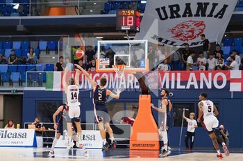 2022-10-26 -  Matteo Montano (Urania Milano) 3 points shoot with Urania Basket Milano supporters in the background  - URANIA MILANO VS ASSIEGECO PIACENZA - ITALIAN SERIE A2 - BASKETBALL