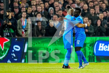 2022-04-28 - Ahmadou Bamba Dieng Olympique Marseille celebrating goal with Dimitri Payet during the UEFA Europa Conference League, Semi-finals, 1st leg football match between Feyenoord and Olympique de Marseille on April 28, 2022 at de Kuip in Rotterdam, Netherlands - FEYENOORD VS OLYMPIQUE DE MARSEILLE - UEFA CONFERENCE LEAGUE - SOCCER