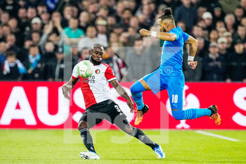 2022-04-28 - Lutsharel Geertruida of Feyenoord, Dimitri Payet of Olympique Marseille during the UEFA Europa Conference League, Semi-finals, 1st leg football match between Feyenoord and Olympique de Marseille on April 28, 2022 at de Kuip in Rotterdam, Netherlands - FEYENOORD VS OLYMPIQUE DE MARSEILLE - UEFA CONFERENCE LEAGUE - SOCCER