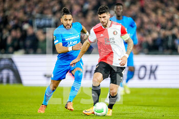 2022-04-28 - Marcos Senesi of Feyenoord, Dimitri Payet of Olympique Marseille during the UEFA Europa Conference League, Semi-finals, 1st leg football match between Feyenoord and Olympique de Marseille on April 28, 2022 at de Kuip in Rotterdam, Netherlands - FEYENOORD VS OLYMPIQUE DE MARSEILLE - UEFA CONFERENCE LEAGUE - SOCCER