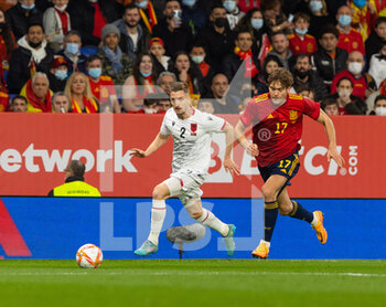 2022-03-26 - Ivan Balliu of Albania and Marcos Alonso of Spain during the International Friendly football match between Spain and Albania on March 26, 2022 at RCDE Stadium in Barcelona, Spain - 2022 - SPAIN VS ALBANIA - FRIENDLY MATCH - SOCCER