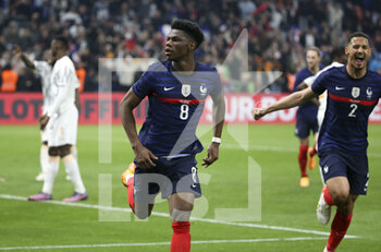 2022-03-25 - Aurelien Tchouameni of France celebrates his goal with William Saliba during the International Friendly football match between France and Ivory Coast on March 25, 2022 at Stade Velodrome in Marseille, France - FRANCE VS IVORY COAST - FRIENDLY MATCH - SOCCER