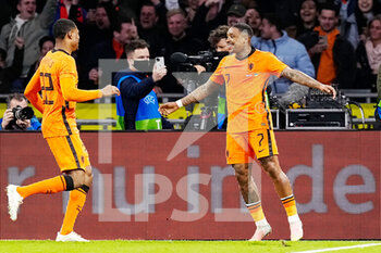 2022-03-26 - Steven Bergwijn of the Netherlands celebrates after scoring his sides first goal during the International Friendly football match between Netherlands and Denmark on March 26, 2022 at the Johan Cruijff ArenA in Amsterdam, Netherlands - NETHERLANDS VS DENMARK - FRIENDLY MATCH - SOCCER