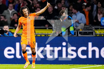 2022-03-26 - Nathan Ake of the Netherlands celebrates after scoring his sides second goal during the International Friendly football match between Netherlands and Denmark on March 26, 2022 at the Johan Cruijff ArenA in Amsterdam, Netherlands - NETHERLANDS VS DENMARK - FRIENDLY MATCH - SOCCER