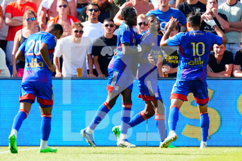 2022-07-24 - Jeff-Reine Adelaide of Olympique Lyonnais celebrating his goal 0-2 with teammates during the Pre-season friendly football match between Feyenoord and Olympique Lyonnais on July 24, 2022 at Stadion Feyenoord in Rotterdam, Netherlands - FOOTBALL - FRIENDLY GAME - FEYENOORD V LYON - FRIENDLY MATCH - SOCCER