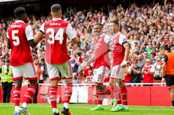 2022-07-30 - Gabriel Jesus (9) of Arsenal scores his hat trick and celebrates 5-0 during the Emirates Cup, friendly football match between Arsenal and Sevilla on July 30, 2022 at the Emirates Stadium in London, England - FOOTBALL - FRIENDLY GAME - ARSENAL V SEVILLA - FRIENDLY MATCH - SOCCER